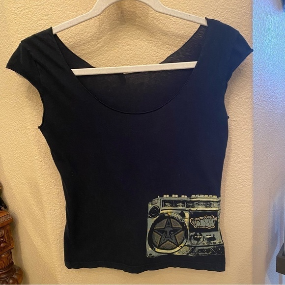 OBEY Women Black Graphic Y2K Short Sleeve Top Size Small-Made in USA - Picture 1 of 9